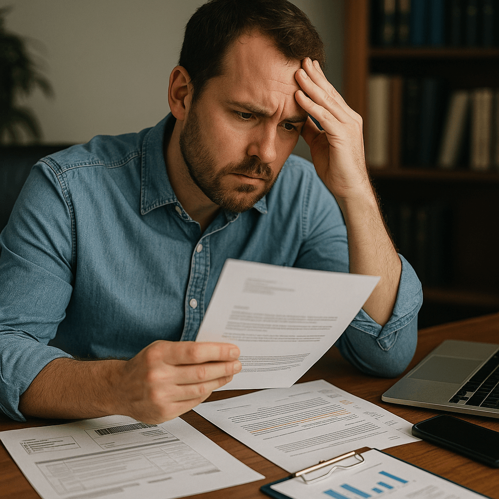 Hombre preocupado leyendo un documento
